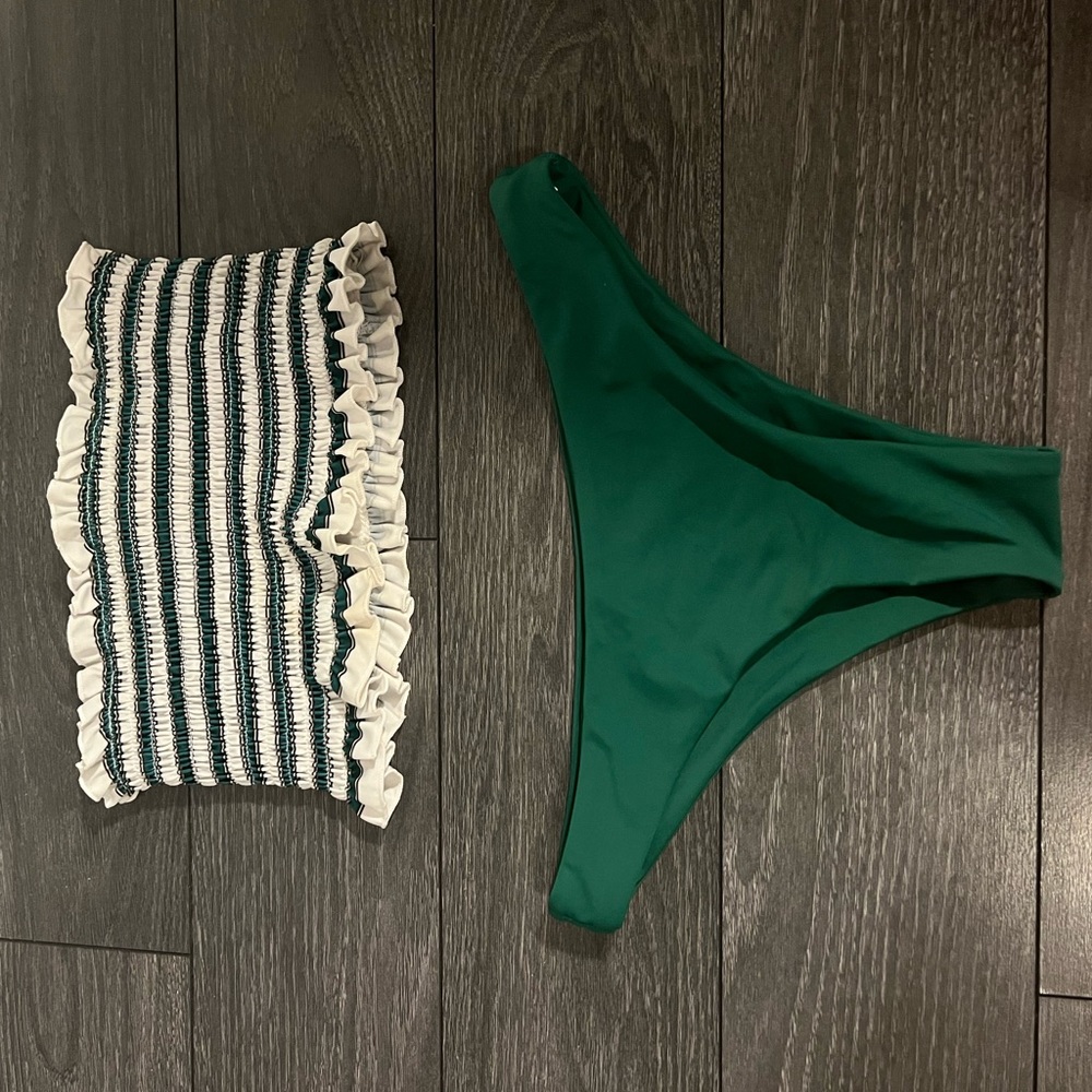 Tube top bathing suit top with matching bottom.